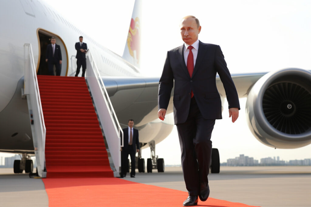 Midjourney Symbolbild Wladimir Putin steigt aus einem Flugzeug