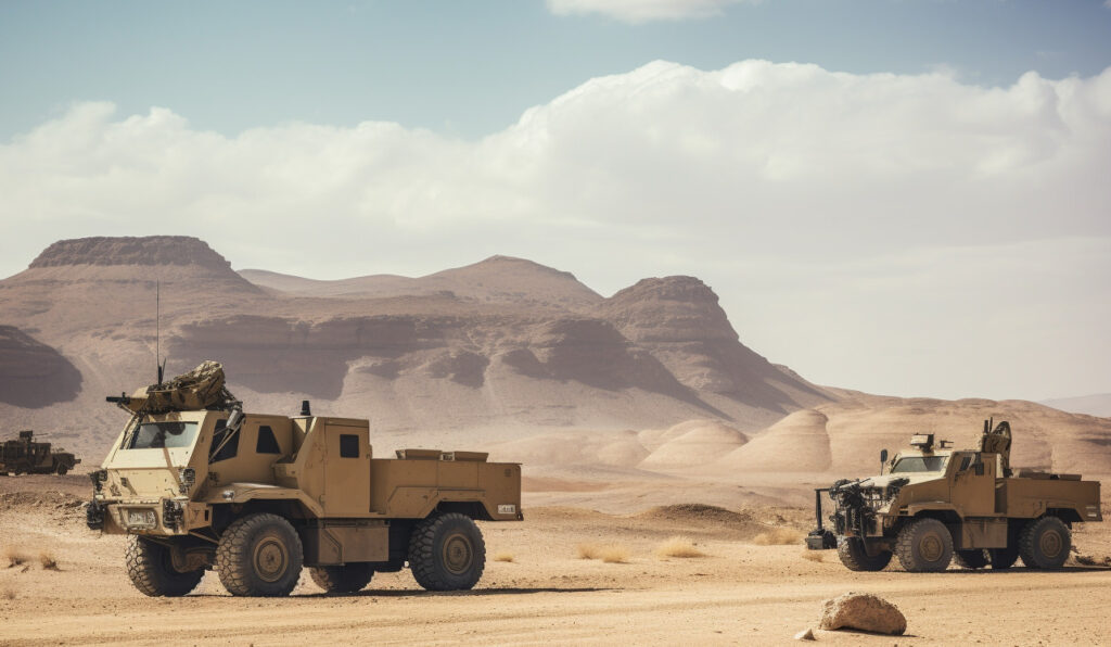 Symbolbild KI-erstellt durch Midjourney: Militärfahrzeuge im Westjordanland
