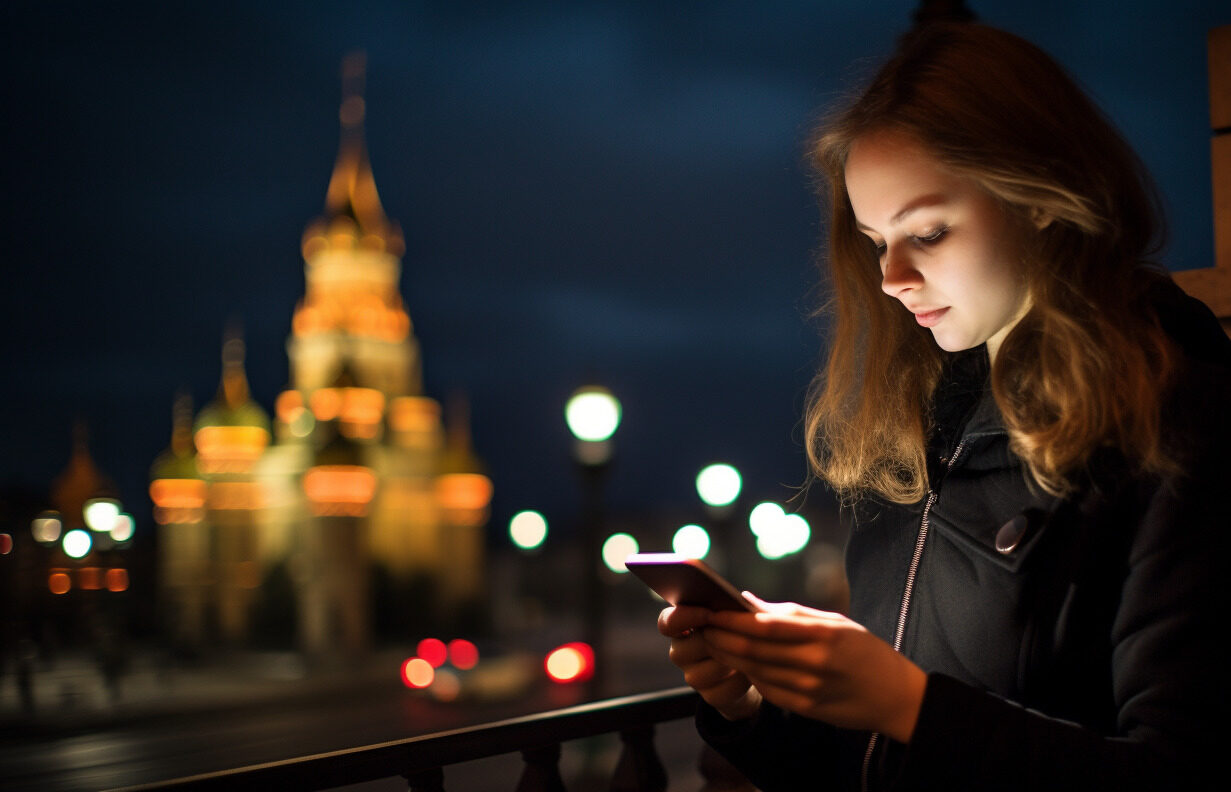 Midjourney Symbolbild Frau mit Smartphone in Moskau