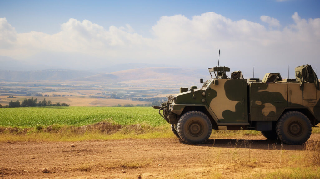 Symbolbild KI-generiert durch Midjourney: Israelisches Militärfahrzeug auf den Golanhöhen.