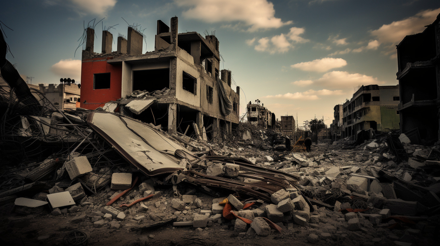 Symbolbild KI-erzeugt durch Midjourney: Zerstörte Gebäude im Gazastreifen.