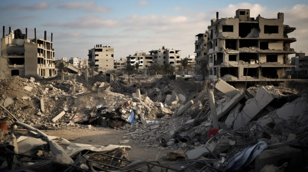 Symbolbild KI-erzeugt durch Midjourney: Zerstörte Gebäude im Gazastreifen.