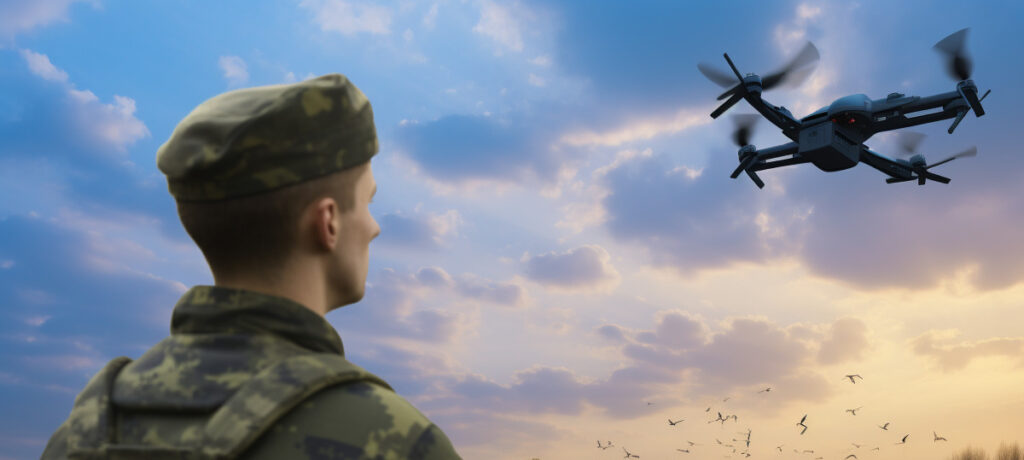 Midjourney Symbolbild Soldt beobachtet militärische Drohne