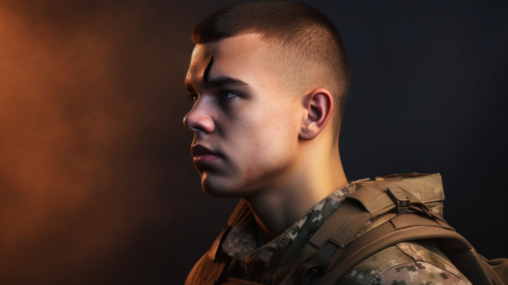 Midjourney-Symbolbild: Profilfoto eines jungen Soldaten.