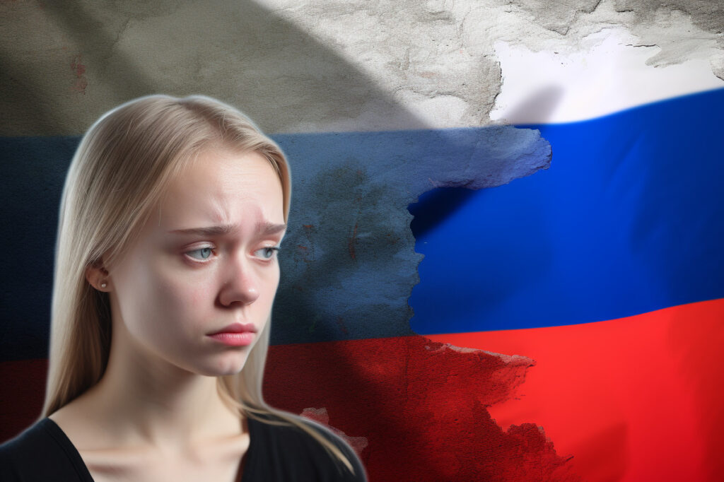 Midjourney Symbolbild junge Frau vor russischer Fahne
